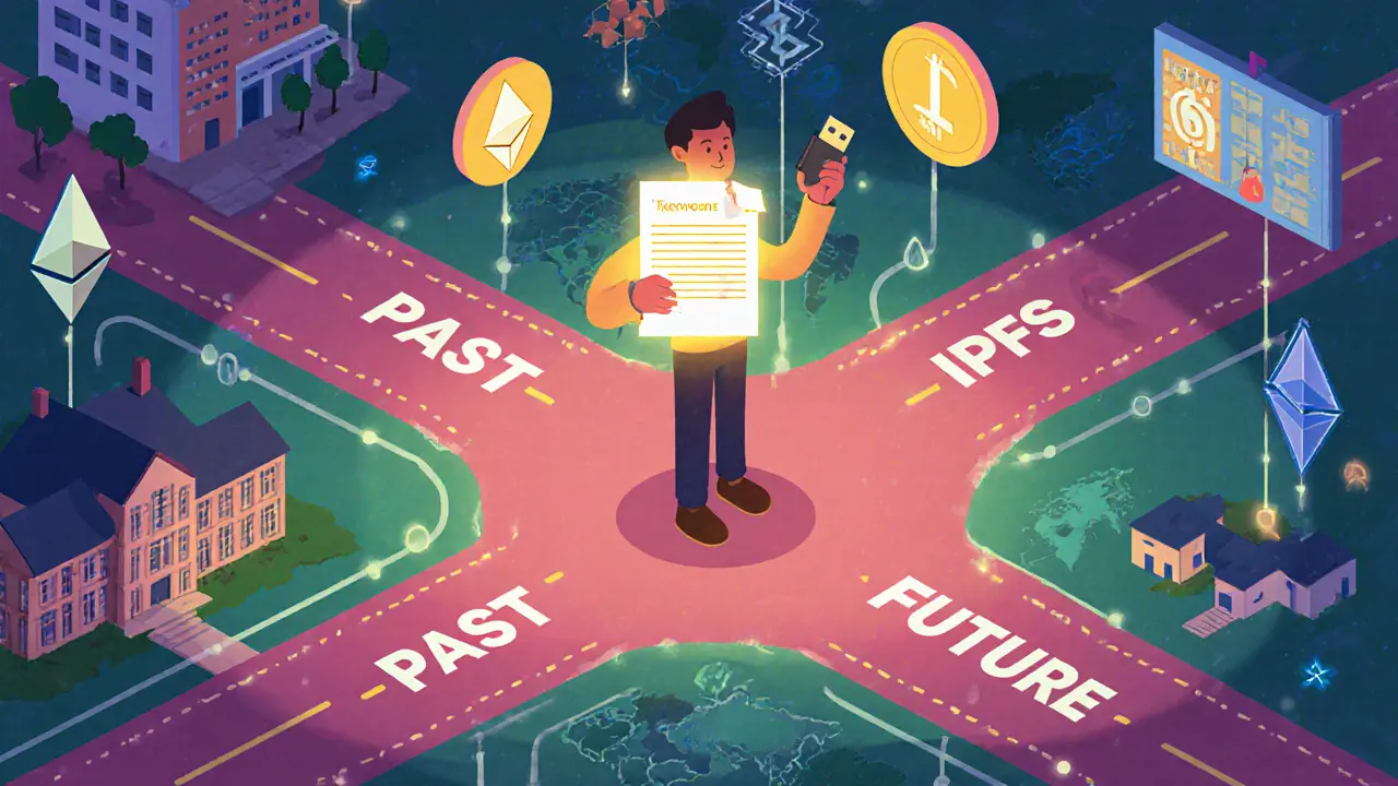 Изометрическая иллюстрация: человек стоит на перекрёстке прошлого и будущего с NFT-документом в руке.