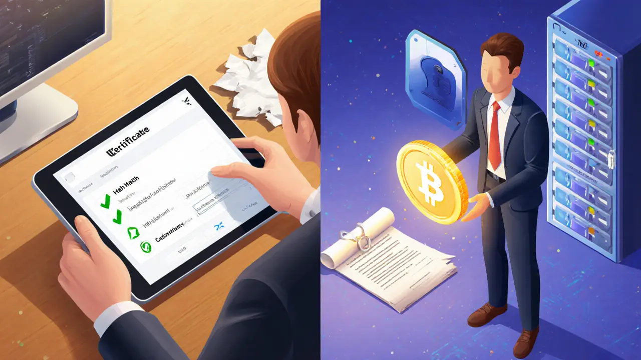 Изометрическая иллюстрация: работодатель проверяет NFT-сертификат кандидата, старый документ разрушается.