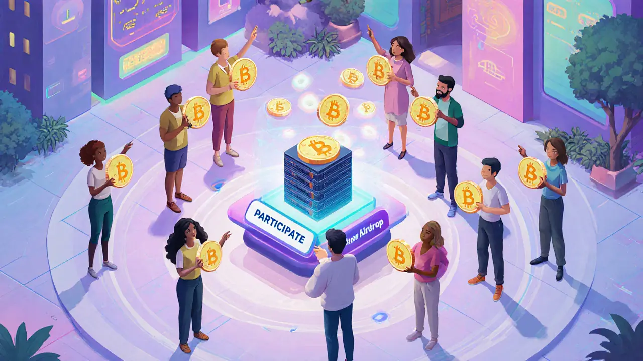 Люди держат уникальные NFT-токены у кнопки участия в аирдропе.