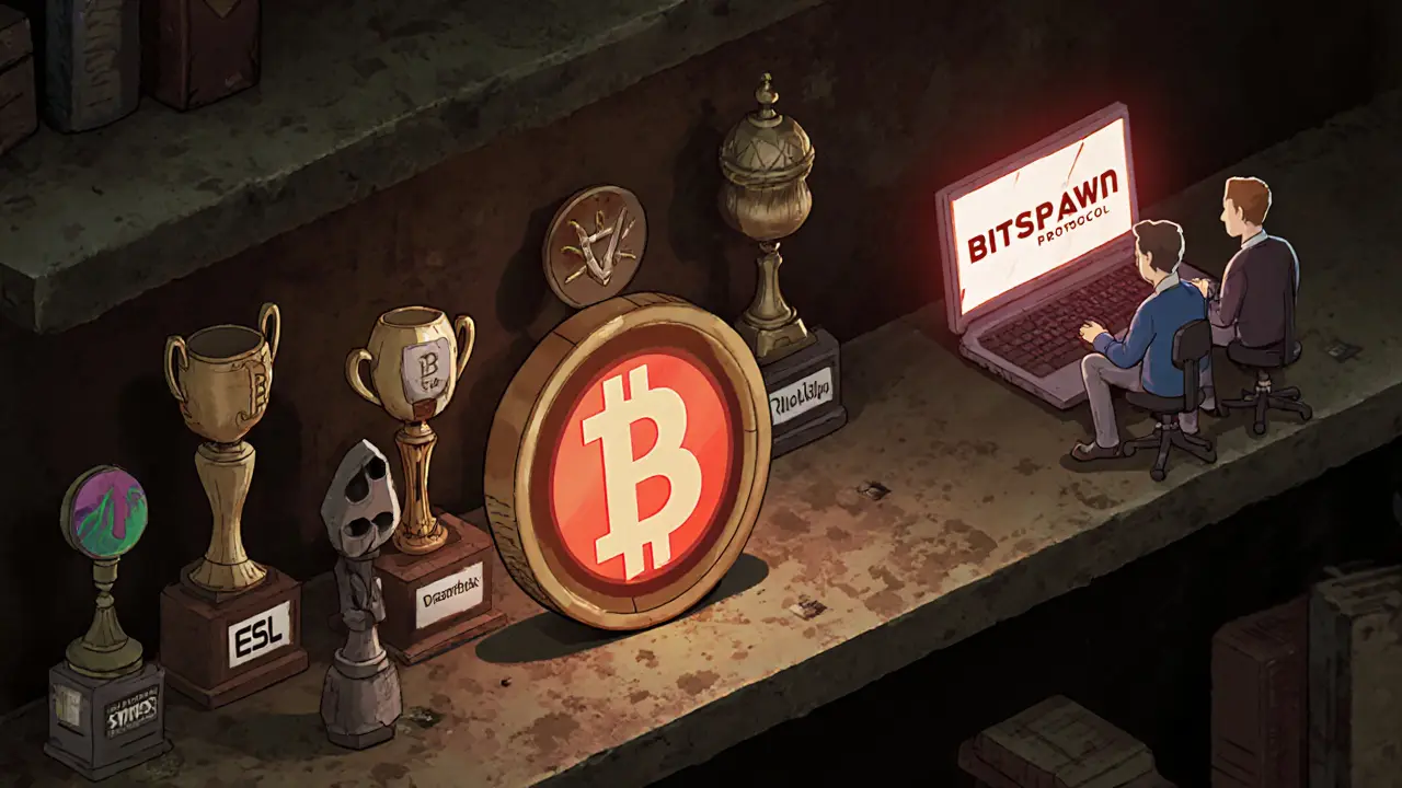 Огромный токен SPWN на полке рядом с забытыми трофеями киберспорта, разработчики работают вдалеке.