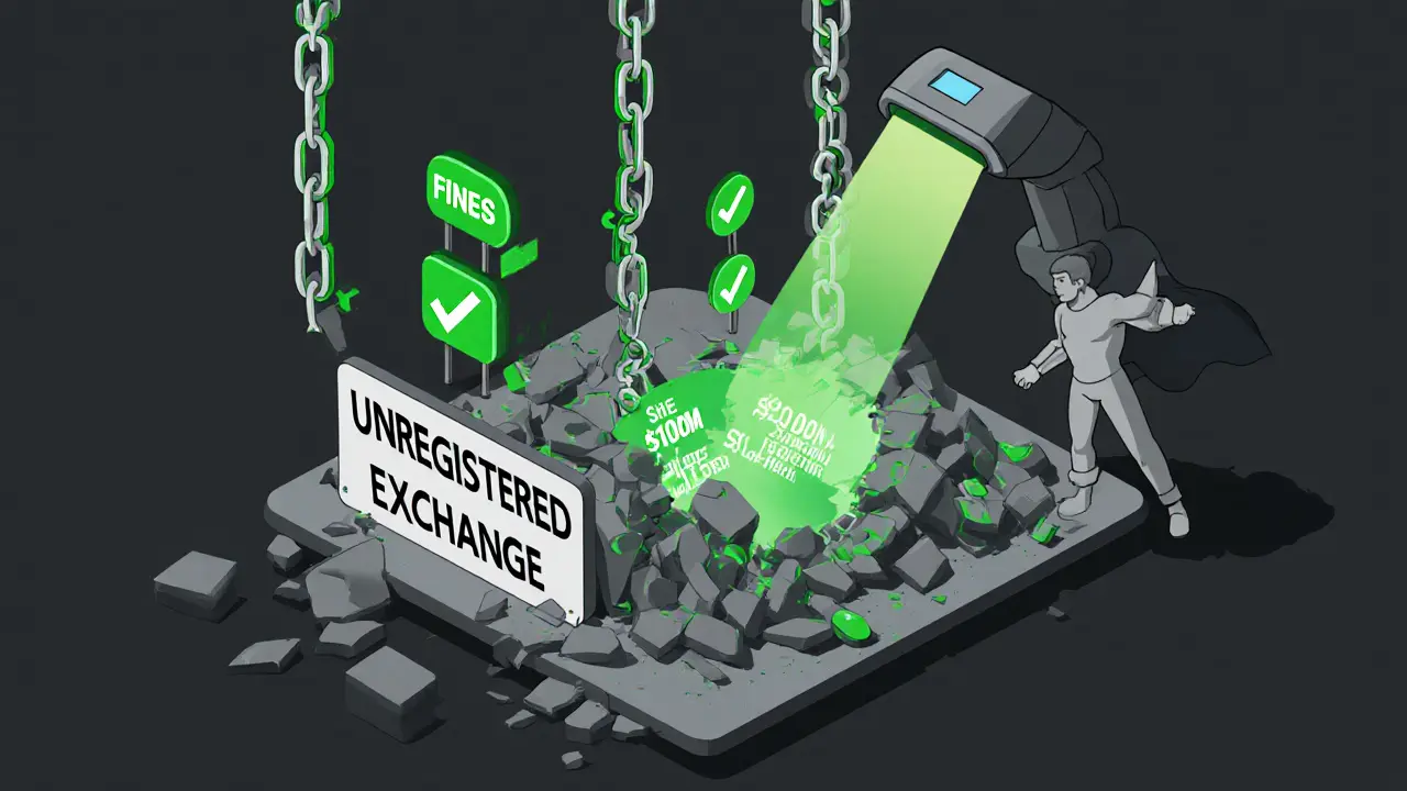 Разрушающаяся незарегистрированная биржа под тяжестью юридических штрафов и тюремных цепей.