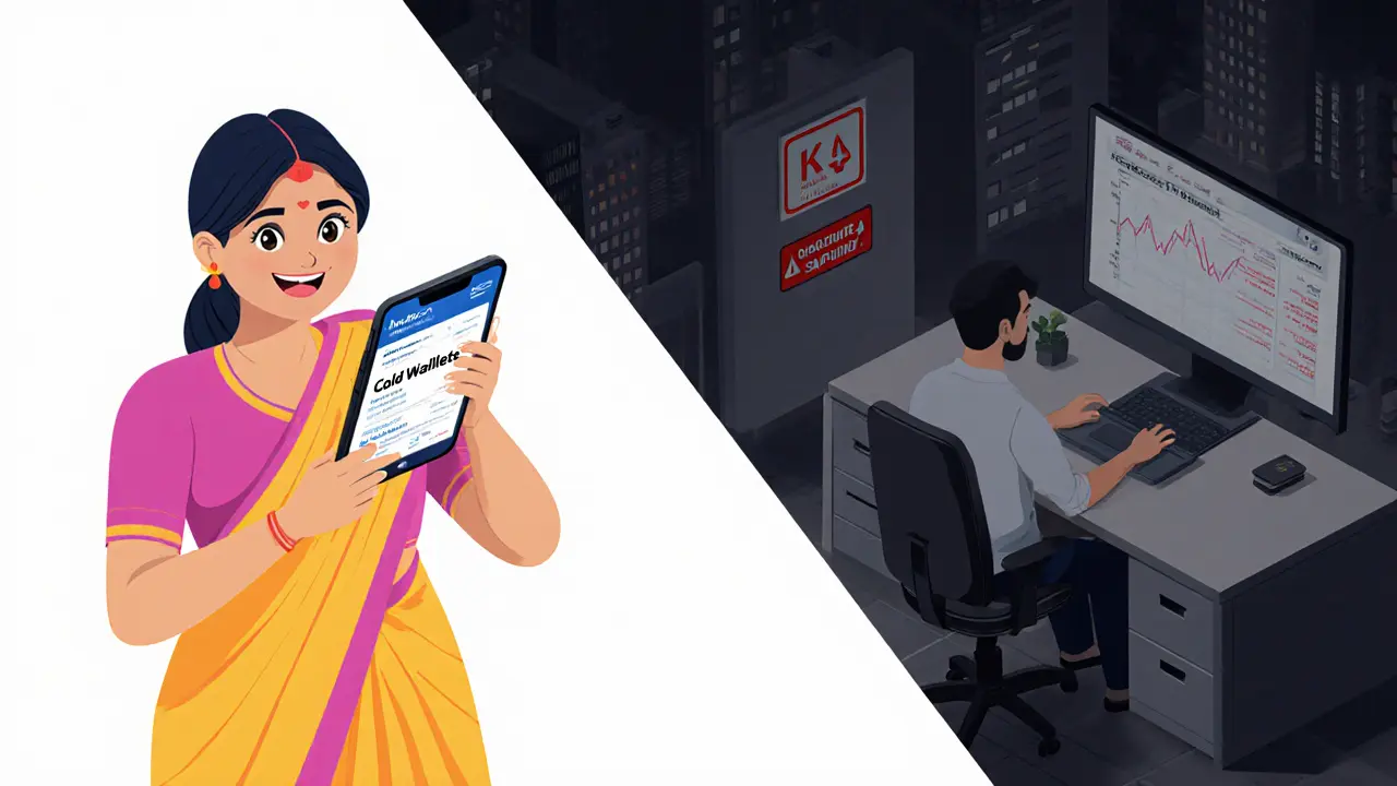 Две фигуры: новичок радостно использует KoinBX, опытный трейдер смотрит на пустой экран безопасности.