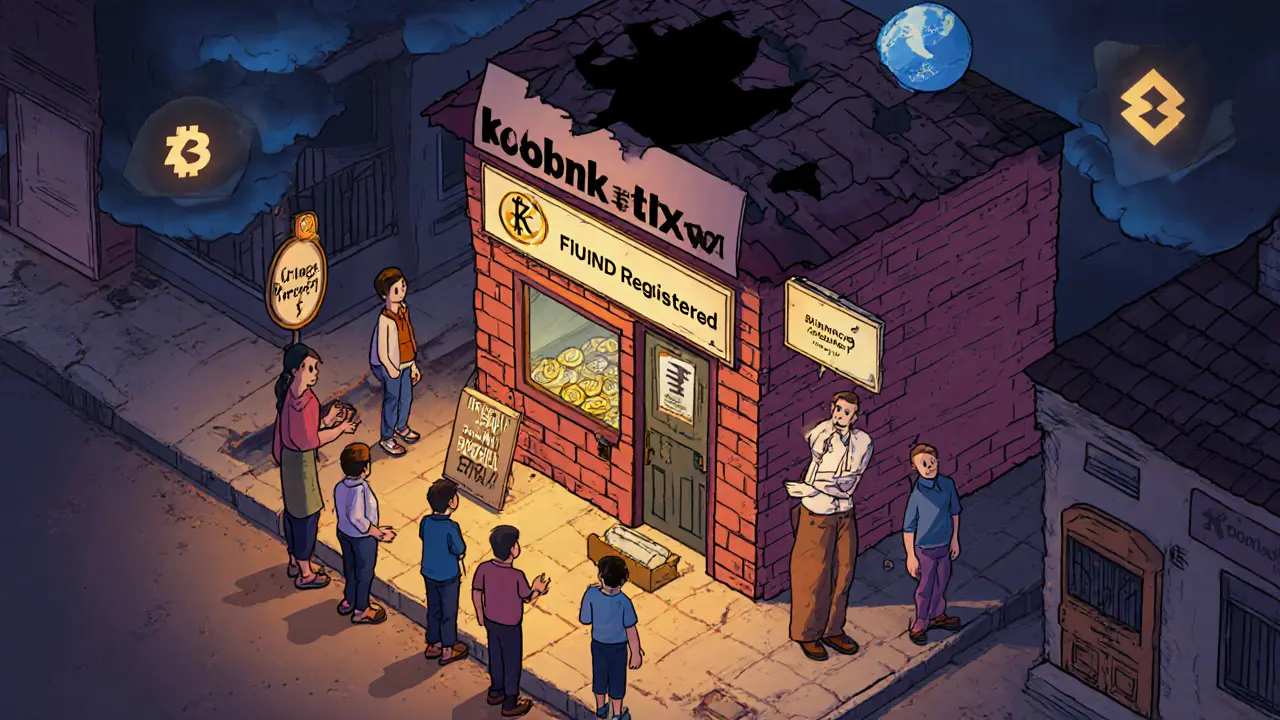 KoinBX как магазин в индийском городе с клиентами, обменивающими рупии на криптовалюту, под треснувшей крышей.