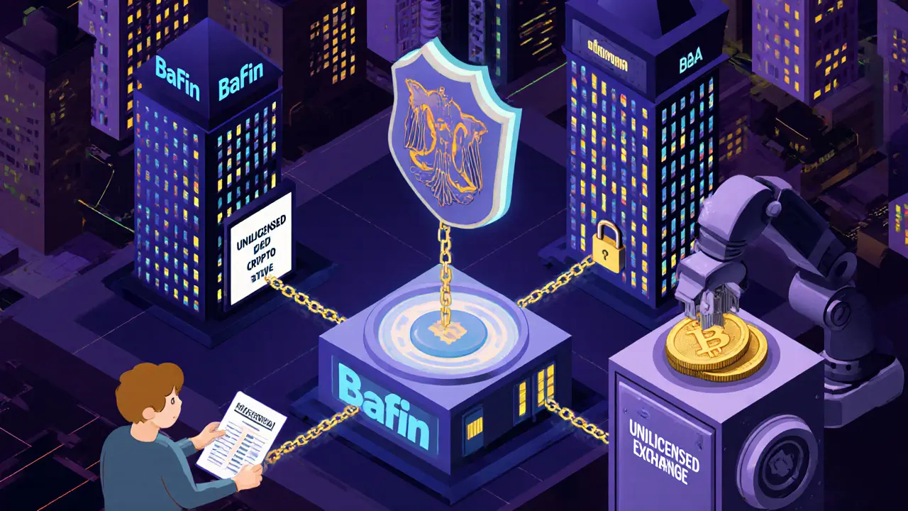 Ночной панорамный вид немецкого города: легальные обменники светятся, нелегальный закрыт, в центре — хранилище с холодными кошельками.