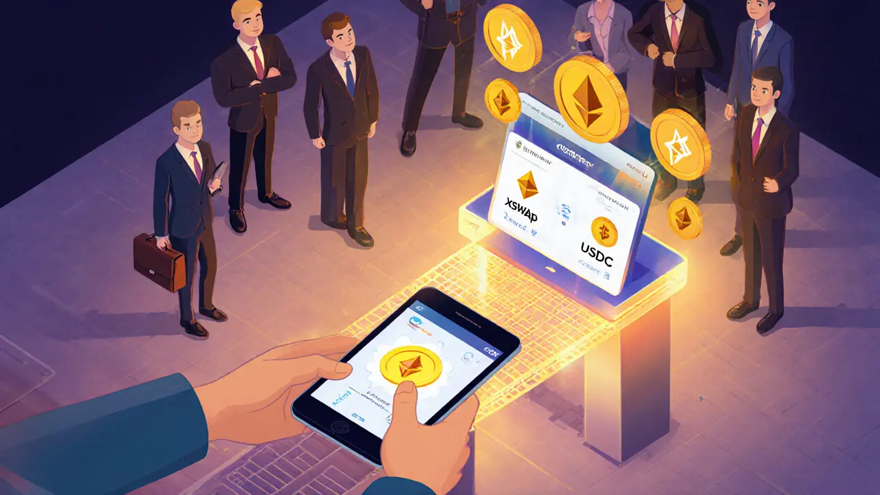 Пользователь обменивает токены через XSwap на планшете с видимыми низкими комиссиями и мостом к Ethereum.