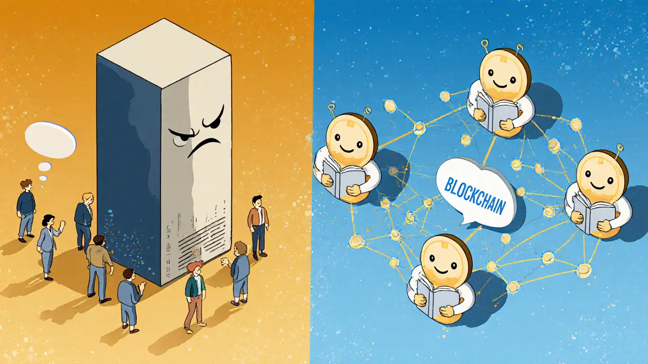 Сравнение централизованного сервера и распределённой P2P-сети в стиле мультфильма.