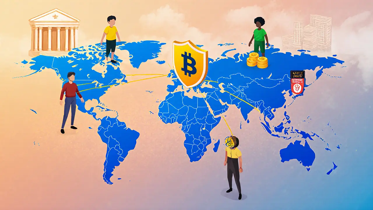 Глобальная сеть пользователей DeFi, соединённых с центральным хабом, в то время как традиционные банки исчезают.