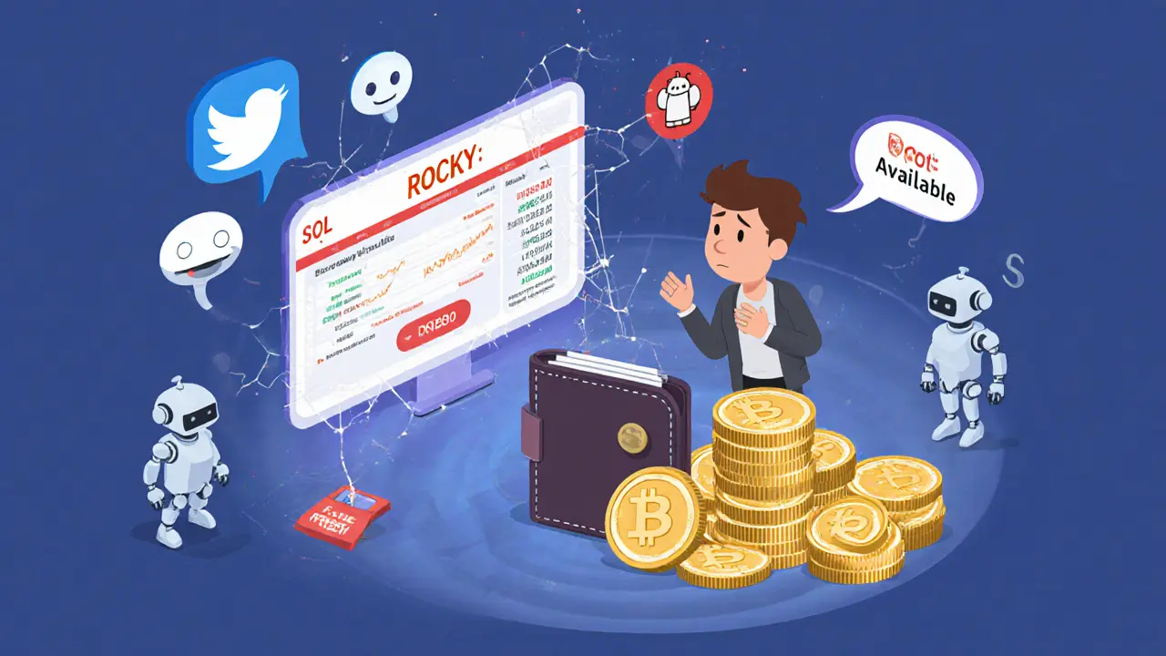 Инвестор перед сломанным экраном биржи, где Rocky не доступен, вокруг — боты с ложными ценами.