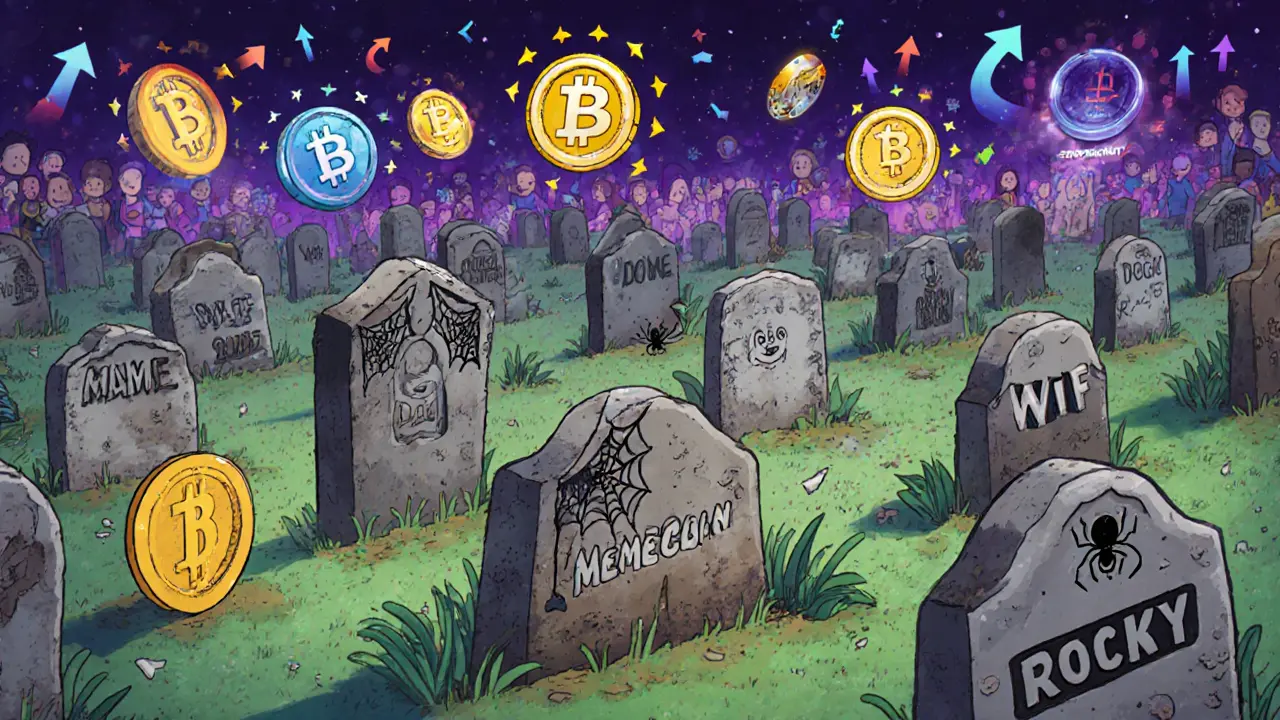 Кладбище мем-монет на Solana, где Rocky — один из забытых надгробий среди живых токенов.