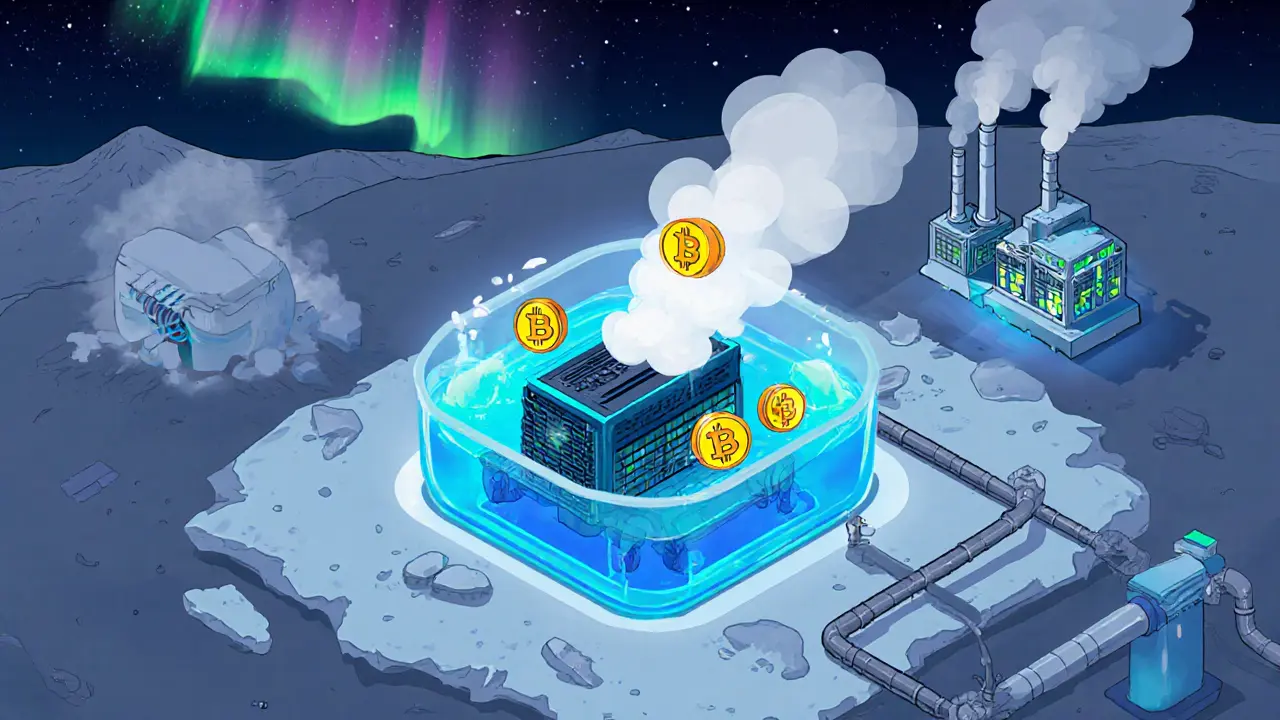 Майнинг-оборудование в жидкостном охлаждении рядом с геотермальными источниками в Исландии, с паром и северным сиянием на фоне.