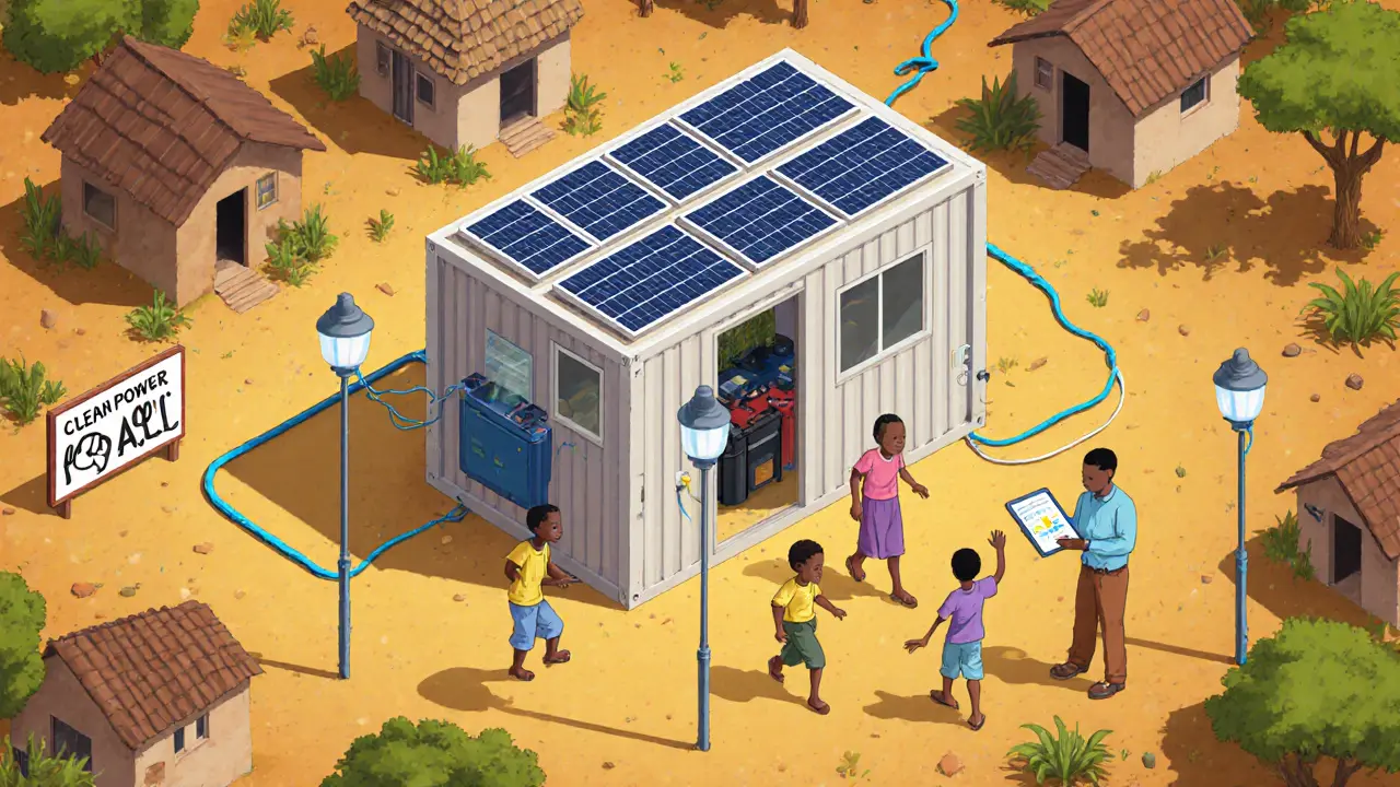 Солнечная майнинг-контейнерная ферма в деревне в Кении, освещающая дома и радующая детей, с аккумуляторами и распределением энергии.