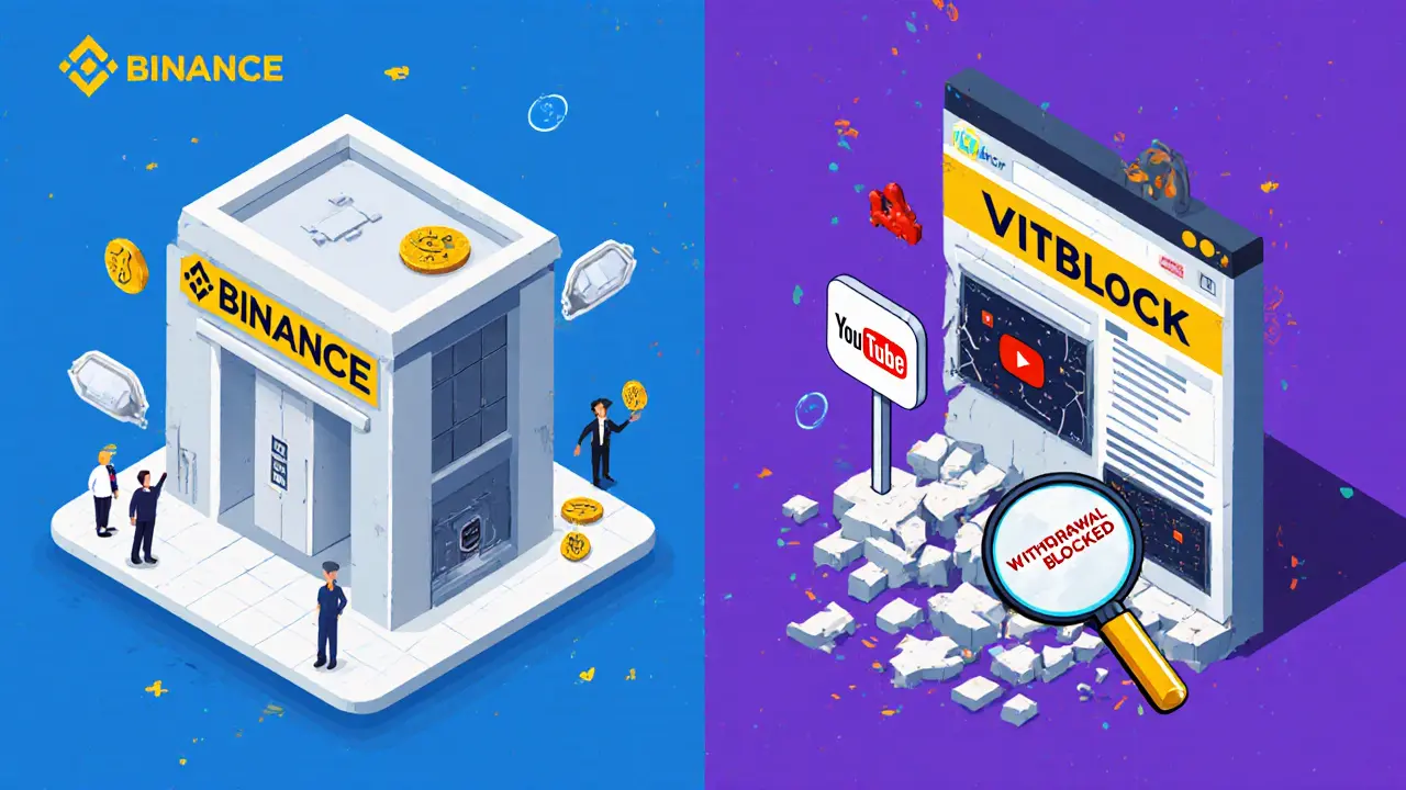 Сравнение легитимной криптобиржи и фейка VitBlock в изометрическом стиле: чистое здание против разрушающегося с обманом.