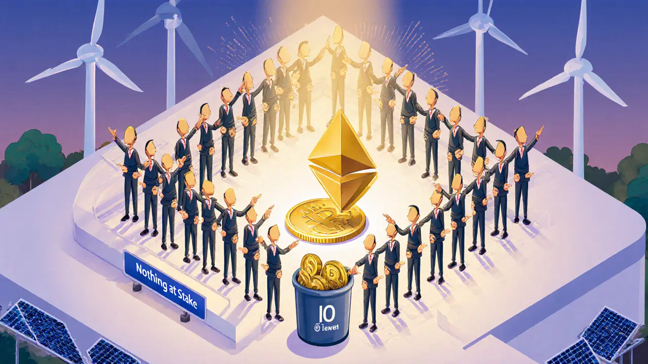 Безопасная сеть Ethereum с валидаторами, указывающими на единую цепочку, а старая двойная монета в мусоре.