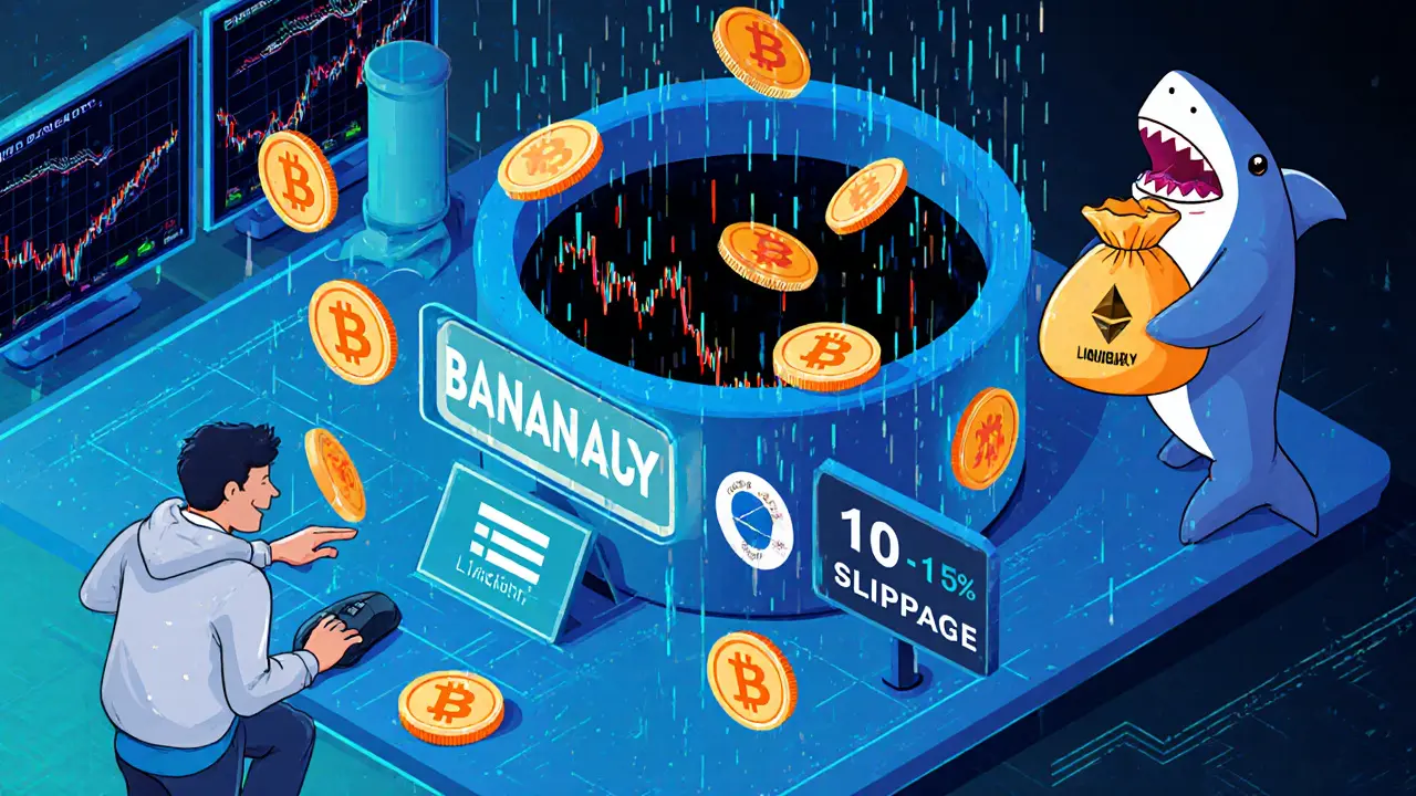 Безумная сцена торговли на DEX: падающие токены BANANAGUY, трейдер и черная дыра ликвидности.