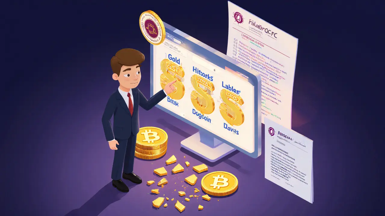 Финансовый консультант показывает легальные токены на золото и недвижимость, криптовалюты разбиты у его ног.