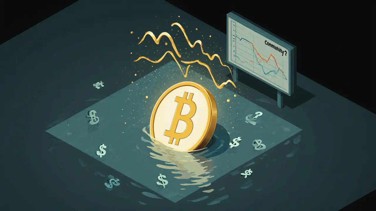 Гlowящий токен OKINAMI над тонущими графиками цен, с призрачной волной вверху.