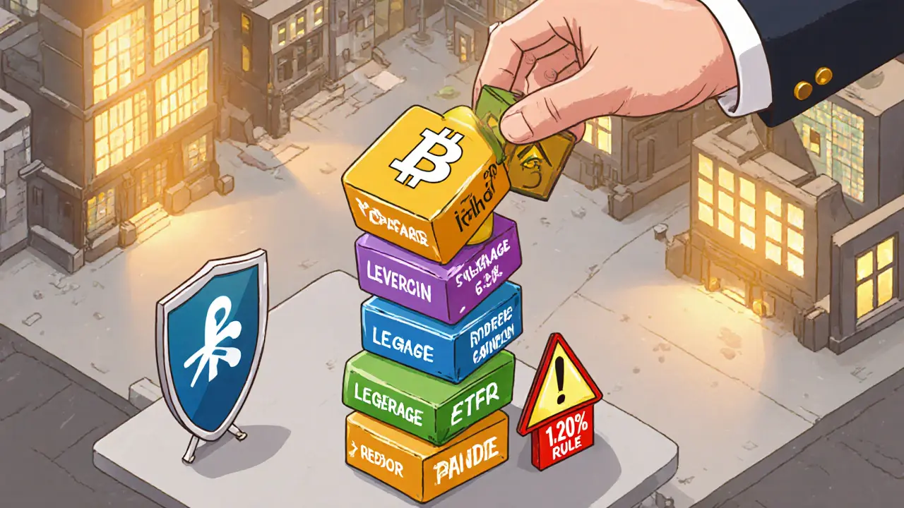 Изометрическая иллюстрация портфеля в виде джены, где риск и плечо разрушают стабильность.