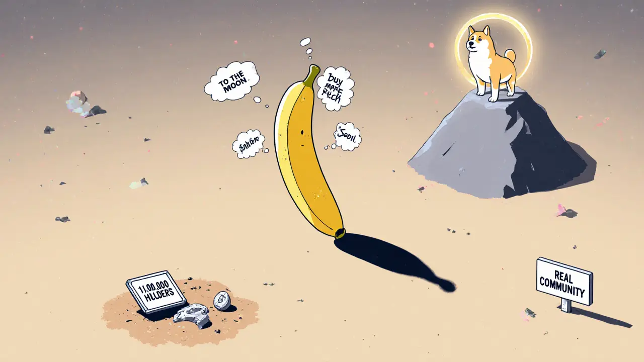 Одинокий токен BananaGuy в пустоте, окруженный исчезающими надеждами, на фоне устойчивых мем-монет.