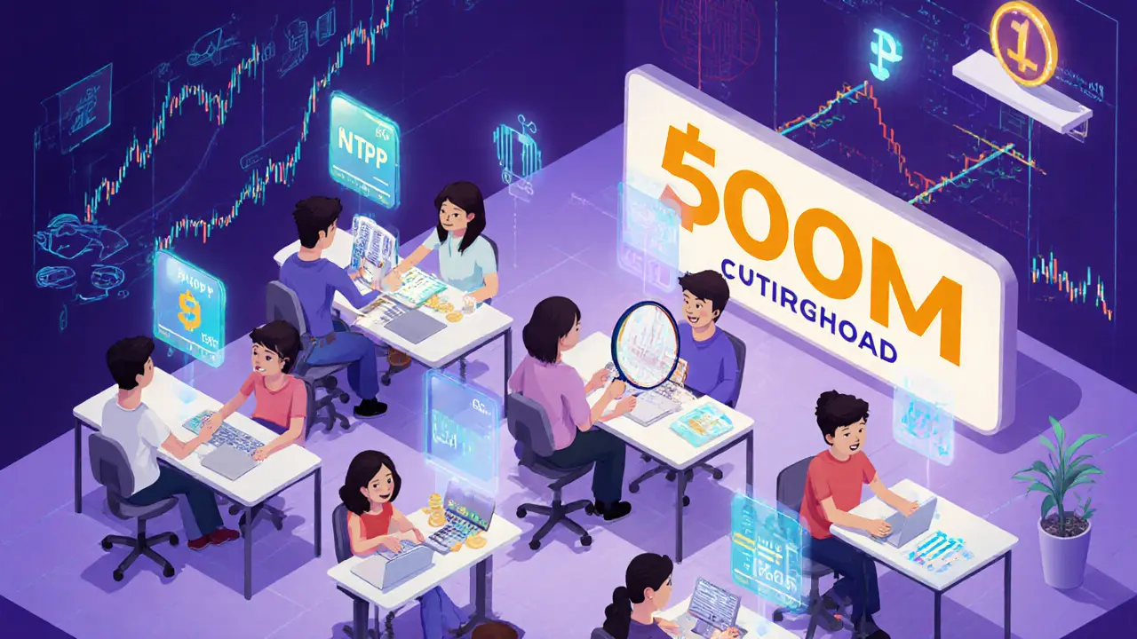 Оживлённая сцена крипто-трейдинга в Индонезии: молодые пользователи на лицензированных биржах, с документами и цифровыми графиками.