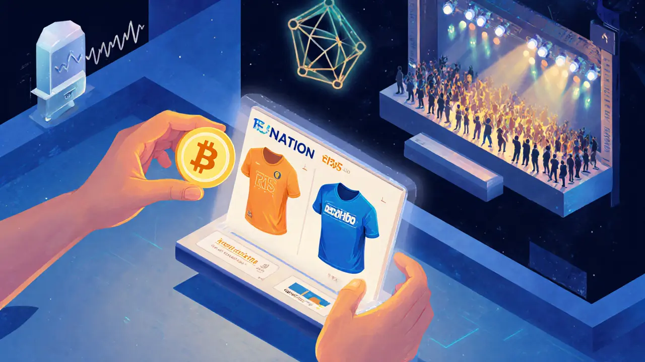 Пользователь выбирает виртуальную одежду в цифровом маркете, рядом — концерт и блокчейн-узел в стиле изометрической иллюстрации.