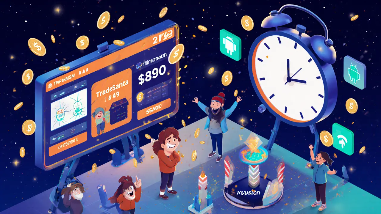 Пользователи празднуют выигрыши с токенами OVER, один смотрит на сломанный экран, другой — на работающую сеть Optimism.