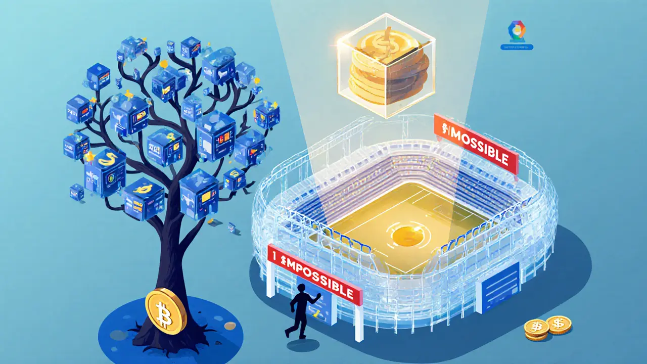 Прозрачные кубы ставок над стадионом, дерево Меркла проверяет результаты матчей, фронтраннинг заблокирован.