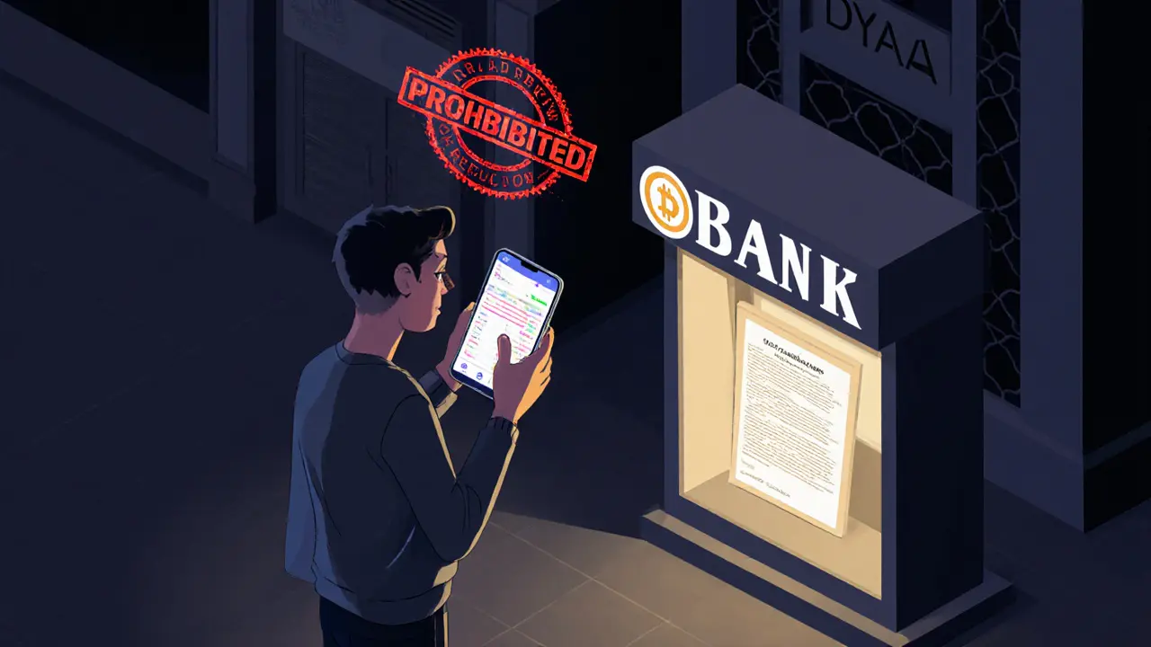 Путешественник с телефоном и криптовалютным приложением, над ним — красный запрет, рядом — безопасный токенизированный актив.