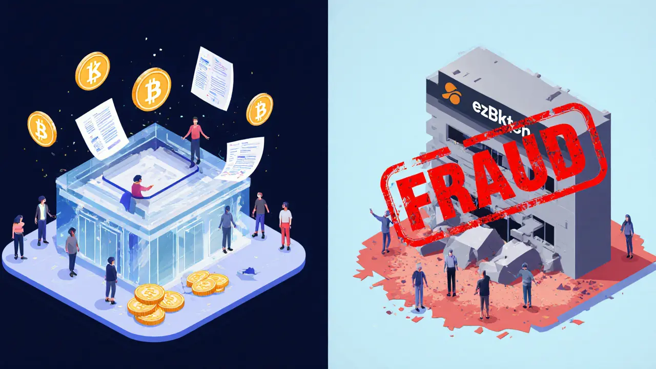 Сравнение безопасной биржи и разрушающейся фальшивки ezBtc с надписью &#039;МОШЕННИЧЕСТВО&#039;.