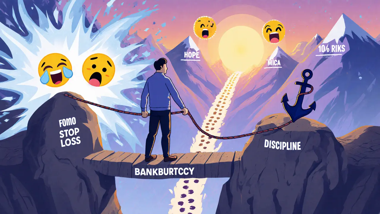 Трейдер на мосту с веревкой стоп-лосса, идущий к устойчивому будущему, избегая эмоциональных бурь.