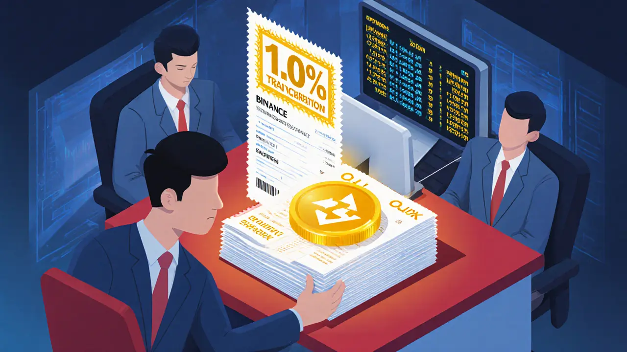 Трейдер сравнивает налоги: 1% на зарубежной бирже и 0,21% на местной, с регуляторами OJK на заднем плане.