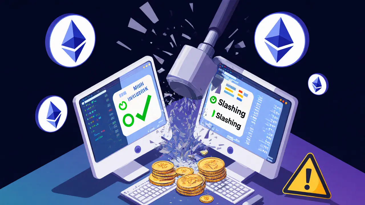 Валидатор с двумя компьютерами, над которыми опускается молот штрафа &#039;Slashing&#039;.