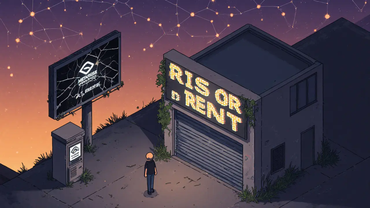 Заброшенный уголок Metarise на закате: одинокий аватар перед закрытым офисом, мигающие токены RIS и потускневшие логотипы брендов.