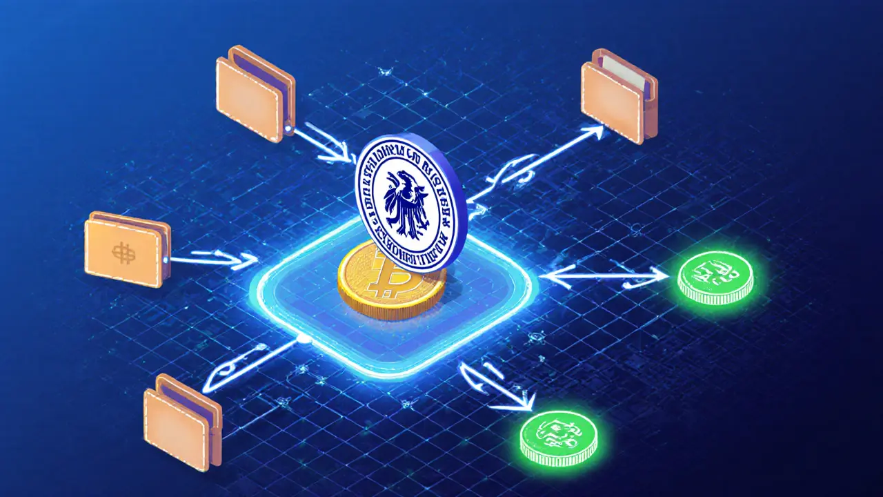 Блокчейн-сетка с транзакциями, одна из которых раздавлена печатью IRS, другие — зеленые и легальные.