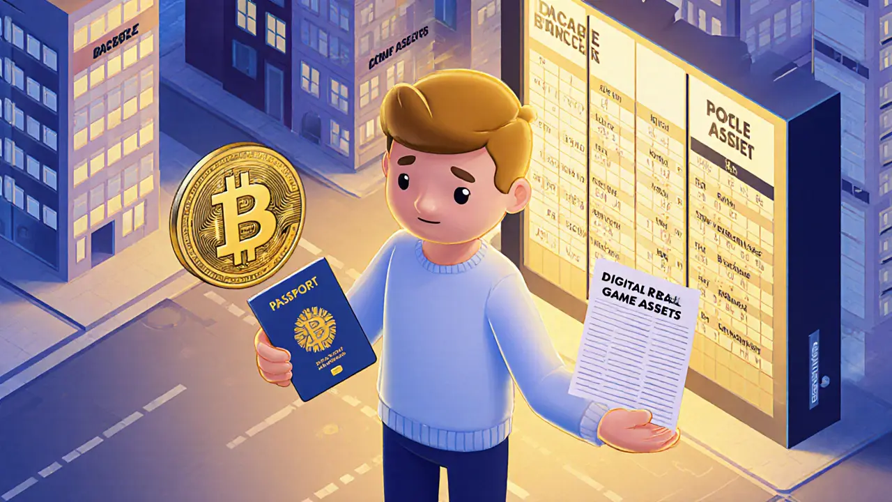 Человек держит NFT-паспорт и NFT-договор на недвижимость, стоя перед цифровым городом с активами.
