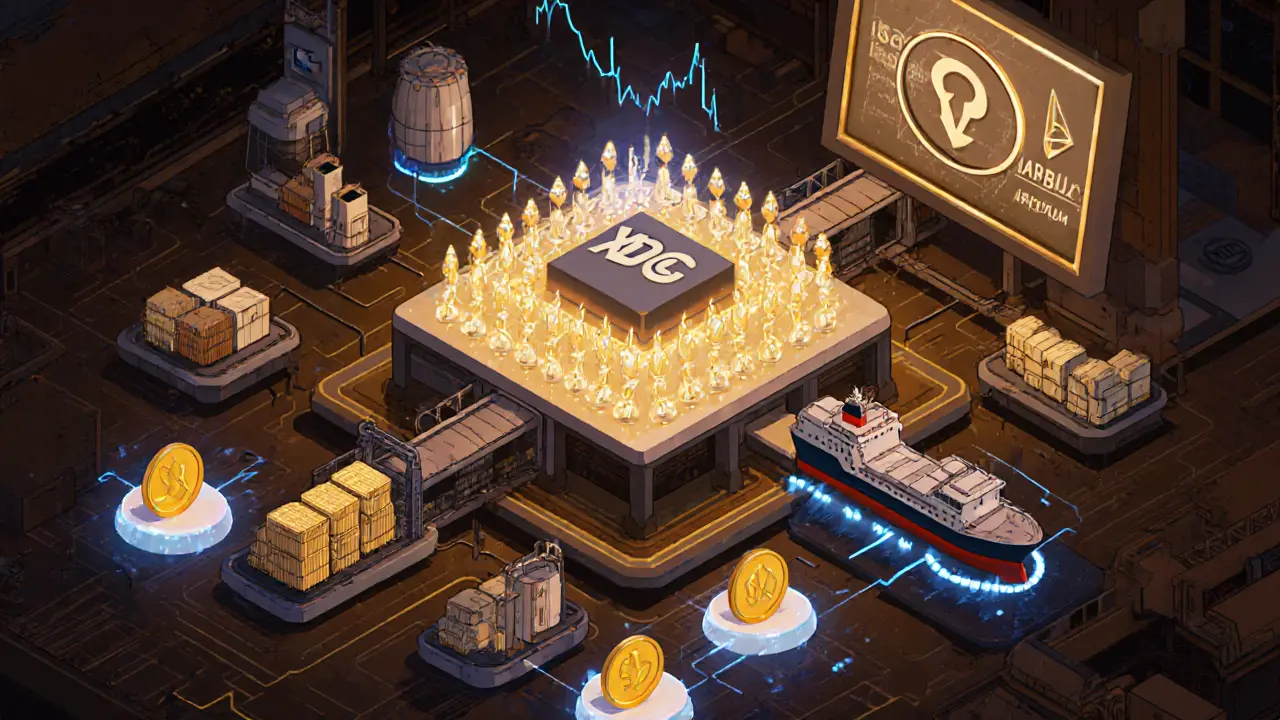 Центральный узел XDC с мастернодами и мостами к другим блокчейнам, токенизированные реальные активы в виде цифровых объектов.