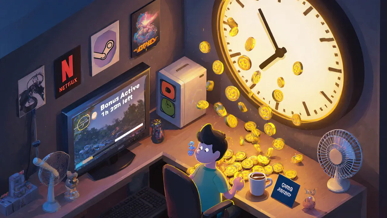 Дневной бонус в виде золотых токенов GHX, падающих с часов над ПК, пользователь пьёт кофе, на экране — активный бонус.