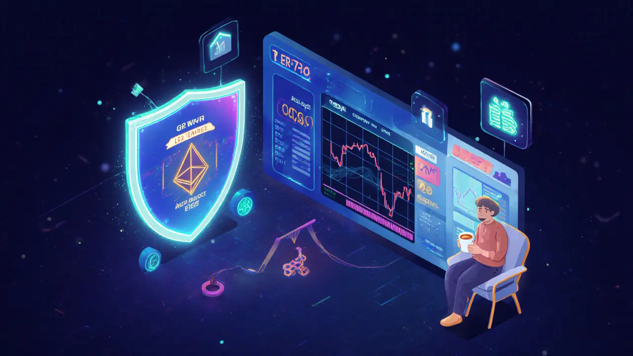 Футуристический DeFi-интерфейс с автоматической защитой от потерь и адаптивными диапазонами в 2025 году.