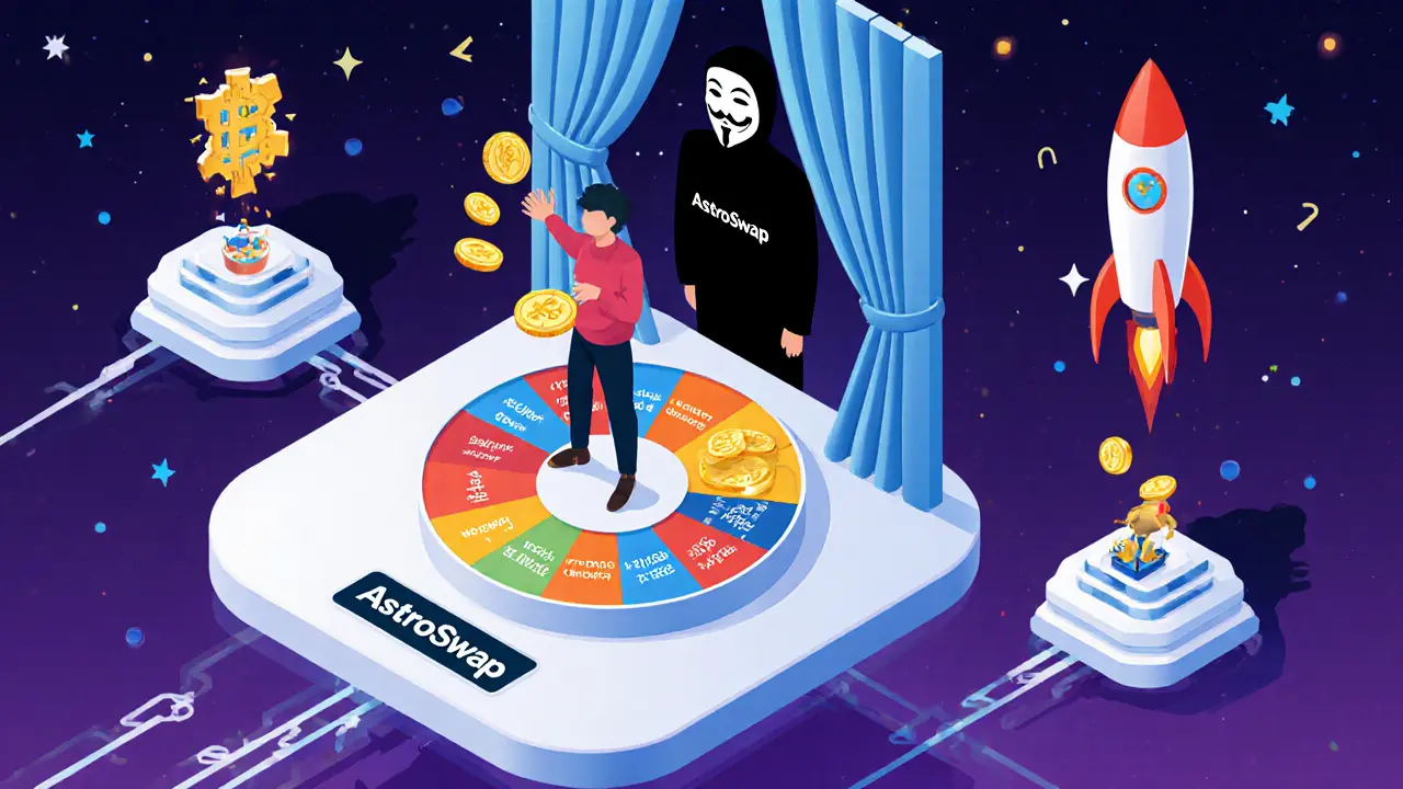 Игрок крутил колесо вознаграждений AstroSwap с APY до 300%, анонимная команда наблюдает, позади — медленные конкуренты.
