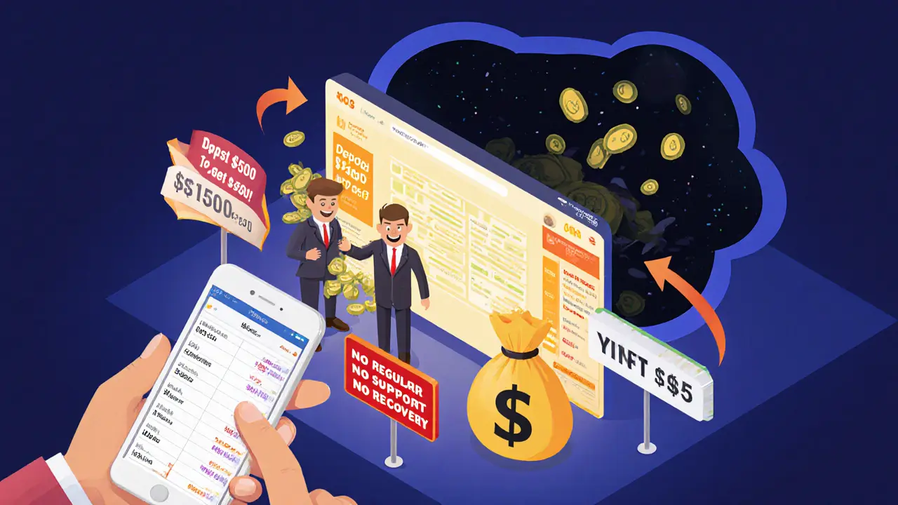 Иллюстрация ловушки: человек вкладывает деньги в фейковый сайт, а суммы исчезают в тьме, оставляя только чаты и обещания.