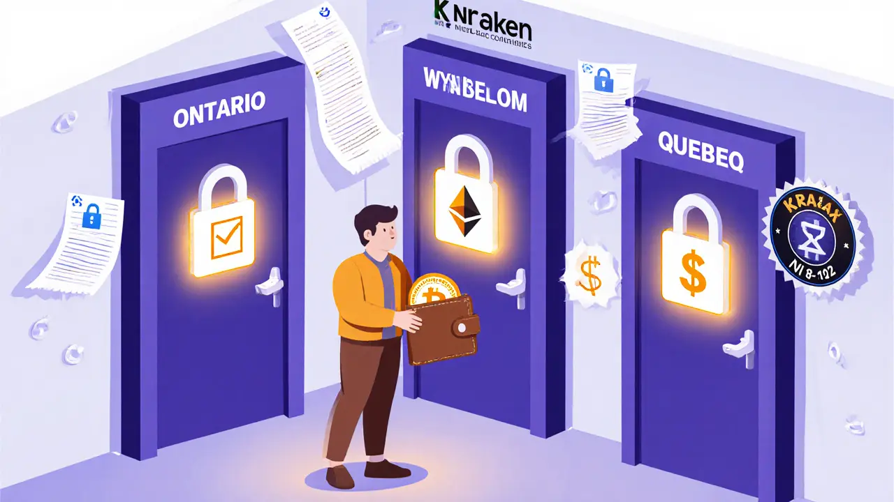 Инвестор перед тремя дверями провинций, каждая с разными замками и разрешёнными биржами.