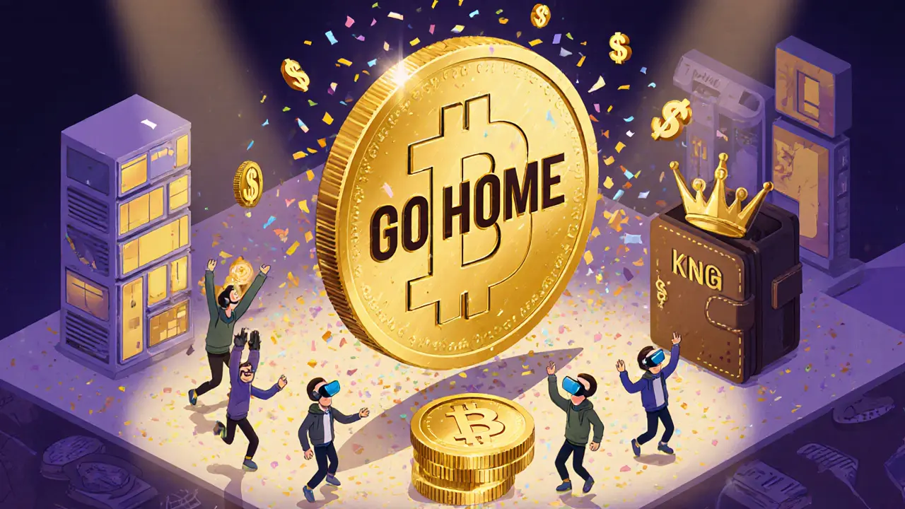 Изометрическая иллюстрация: гигантский токен GOHOME над крипторынком, крупные держатели контролируют рынок.