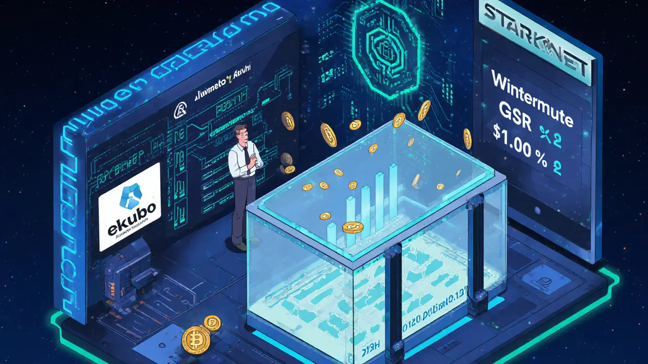 Изометрическая иллюстрация институциональных трейдеров, управляющих ,2 млрд ликвидности на Ekubo в цифровом центре управления.