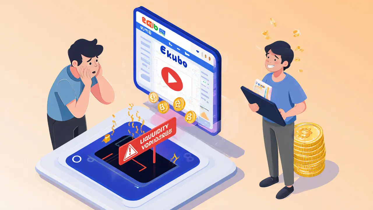 Изометрическая иллюстрация новичка, ошибочно размещающего ликвидность, и опытного пользователя с правильной позицией на Ekubo.