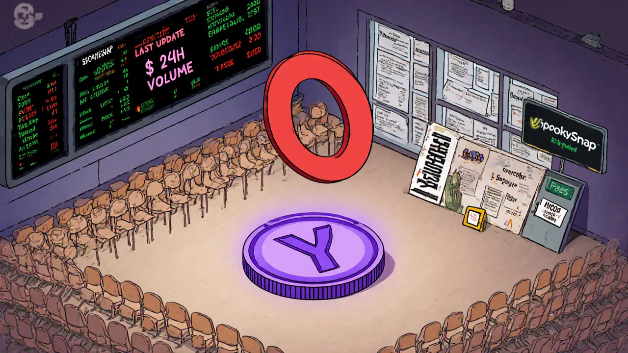 Изометрическая иллюстрация: одинокий токен YOSHI на пустом торговом фоне с нулевым объемом и 11 550 пустыми стульями.