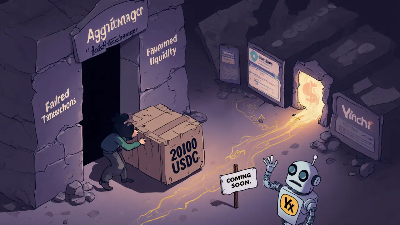 Изометрическая иллюстрация: пользователь пытается протолкнуть токены через заблокированный вход Yoshi.exchange, в то время как другие DEX работают свободно.