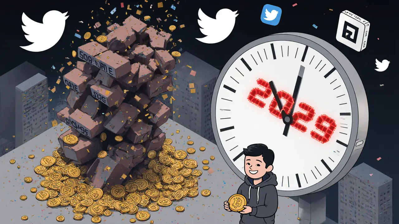 Изометрическая иллюстрация: рушащаяся башня GOHOME в 2029 году, токены падают как конфетти.