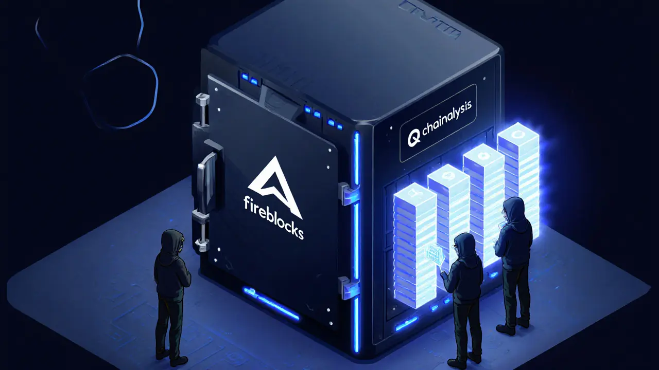 Изометрическая иллюстрация защищённого хранилища с логотипами Fireblocks и Chainalysis, демонстрирующая Proof of Reserves.