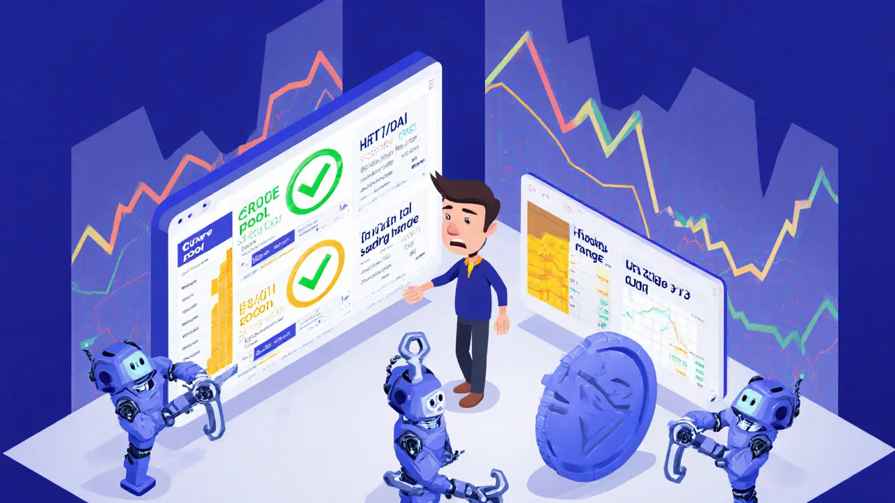 Изометрическая сцена с тремя типами пулов: стабильный, рискованный и с узким диапазоном, показывающая выбор инвестора.