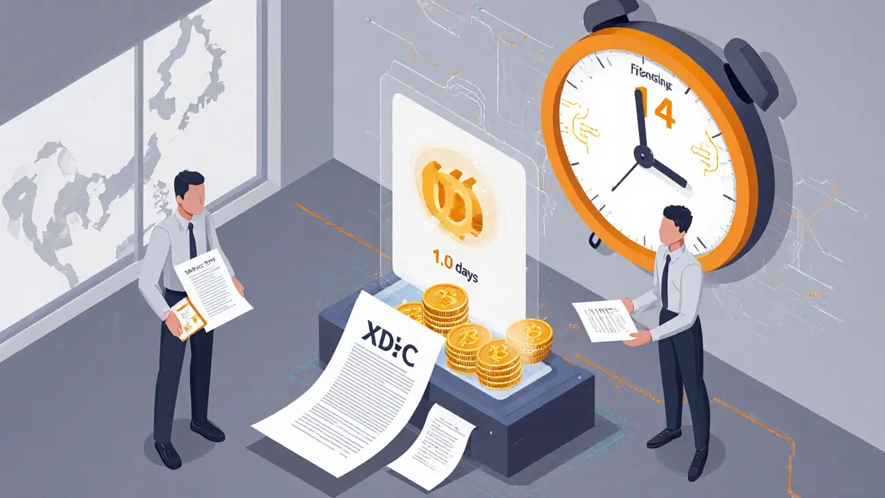 Корпоративный офис, где бумажные документы превращаются в цифровые токены XDC, часы показывают сокращение времени обработки.