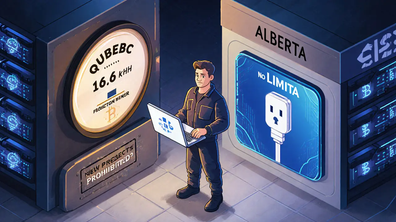 Майнер рядом с двумя зданиями: в Квебеке — высокий тариф на электричество, в Альберте — никаких ограничений.